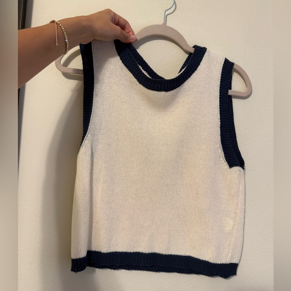 Cream Knit Sleeveless Sweater Vest with Navy Trim